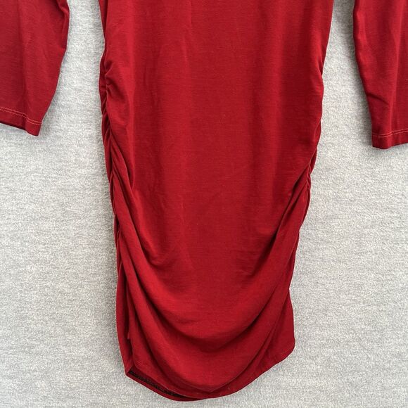 Michael Stars Ruched Bodycon Dress Size S 3/4 Sleeve VNeck Mini Stretch Deep Red - Picture 3 of 12